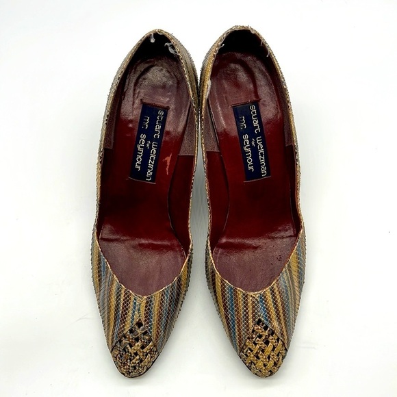 Stuart Weitzman - Vintage Leather Brown & Blue Snakeskin Leather Heels Size 8.5 - Picture 1 of 16